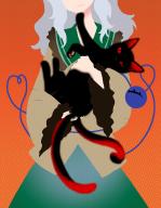 1girl animal black_cat black_nails cat cropped_head frills green_hair green_skirt grey_hair heart highres holding holding_animal holding_cat hug jacket kaenbyou_rin kaenbyou_rin_(cat) komeiji_koishi looking_at_viewer multiple_tails nekomata orange_background paper_texture pawpads red_eyes seeker skirt slit_pupils smile tail third_eye touhou two_tails wavy_hair whiskers yellow_jacket // 932x1200 // 241KB