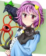 1girl animal animal_ears animal_on_shoulder bird black_cat bow cat cat_ears crow expressionless frilled_sleeves frills green_bow hair_ornament hairband heart heart_hair_ornament heart_of_string holding holding_animal holding_cat kaenbyou_rin kaenbyou_rin_(cat) kisaragi_koushi komeiji_satori looking_at_viewer multiple_tails nekomata pink_eyes pink_hair red_eyes reiuji_utsuho reiuji_utsuho_(bird) solo tail third_eye touhou two_tails wide_sleeves // 733x900 // 268KB