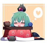 1girl absurdres basket black_headwear blush closed_eyes green_hair heart highres kaenbyou_rin kaenbyou_rin_(cat) komeiji_koishi kotatsu open_mouth polka_dot polka_dot_background reiuji_utsuho reiuji_utsuho_(bird) short_hair speech_bubble table third_eye thought_bubble touhou you_(noanoamoemoe) zzz // 2676x2582 // 2.7MB