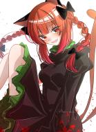 1girl :d absurdres animal_ears bare_legs black_bow blunt_bangs blush bow braid breasts cat_ears cat_tail commentary dress eyes_visible_through_hair floating_hair foot_out_of_frame frills grey_dress hair_bow highres juliet_sleeves kaenbyou_rin knees_up long_hair long_sleeves looking_at_viewer medium_breasts minase_melon5 multiple_tails nekomata open_mouth puffy_sleeves red_eyes red_hair simple_background sitting smile solo tail tail_raised touhou twin_braids two_tails very_long_hair white_background // 1757x2423 // 487KB