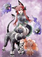 1girl animal_ears black_bow black_dress bow braid cat_ears cat_girl commentary dress english_commentary full_body gastly gen_1_pokemon gen_2_pokemon greatmothsucks hair_bow highres houndoom kaenbyou_rin looking_at_viewer nekomata nintendo pokemon pokemon_(creature) red_eyes red_nails side_braids sugimori_ken_(style) touhou twin_braids vulpix // 1536x2048 // 436KB