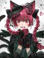 1girl abstract_background absurdres animal_ears black_dress black_hat blush braid cat_ears dress extra_ears fang feathers frills gloves hat heart highres kaenbyou_rin lace open_mouth pointy_ears rating:general red_eyes red_hair score:2 simple_background smile spoken_heart tokiani touhou tsurime twin_braids // 2250x3000 // 825KB