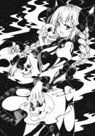 1girl ahoge animal_ear_fluff animal_ears bell bow braid cat_ears cat_girl cat_tail commentary cowboy_shot dress fangs fingernails frilled_dress frilled_sleeves frills greyscale hair_bow hajime_gura hand_up highres hitodama holding holding_skull jingle_bell juliet_sleeves kaenbyou_rin long_hair long_sleeves looking_at_viewer monochrome multiple_tails neck_ribbon nekomata open_mouth puffy_sleeves ribbon skull slit_pupils solo tail touhou traditional_media twin_braids two_tails // 1200x1712 // 1.4MB