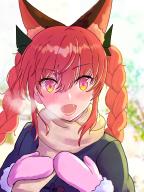 1girl :d absurdres alternate_costume animal_ears blush braid breath cat_ears extra_ears fangs highres kaenbyou_rin kiritanpo117 mittens open_mouth orange_eyes red_eyes red_hair scarf signature smile solo touhou tsurime twin_braids watermark yellow_scarf // 4283x5710 // 8.7MB