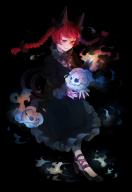 1girl :3 animal_ears black_bow black_footwear black_ribbon blue_fire blush bow braid cat_ears cat_tail closed_mouth collar commentary dress fire flame-tipped_tail floating_hair frilled_dress frills full_body green_collar green_dress hair_bow high_heels highres hitodama hogara kaenbyou_rin leg_ribbon long_hair looking_at_object multiple_tails nekomata red_eyes red_hair ribbon skull solo swept_bangs tail touhou twin_braids two_tails // 900x1300 // 755KB