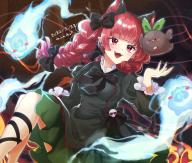 1girl animal animal_ears bird black_bow black_bowtie black_nails bow bowtie braid cat_ears cat_girl cat_tail daiwa_uho dated dress fangs frilled_dress frills green_bow green_dress hair_bow highres kaenbyou_rin leg_ribbon long_sleeves open_mouth puffy_long_sleeves puffy_sleeves red_eyes red_hair reiuji_utsuho reiuji_utsuho_(bird) ribbon skull smile solo tail touhou twin_braids // 2226x1890 // 4.2MB