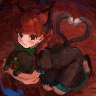 1girl :3 absurdres animal_ears b_nosk101 black_dress blush bow braid cat_ears cat_tail closed_mouth commentary dress extra_ears from_above hair_bow heart heart_tail highres kaenbyou_rin kneeling long_hair looking_at_viewer looking_up multiple_tails red_eyes red_hair reiuji_utsuho reiuji_utsuho_(bird) short_sleeves smile solo symbol-only_commentary tail touhou twin_braids twintails two_tails // 2591x2591 // 6.1MB