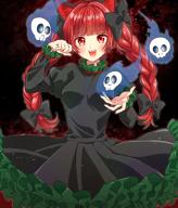 1girl :d animal_ear_fluff animal_ears black_dress blush braid breasts cat_ears cowboy_shot dark_background dress hitodama juliet_sleeves kaenbyou_rin long_hair long_sleeves medium_breasts okawa_friend open_mouth paw_pose puffy_sleeves red_eyes red_hair simple_background skull smile solo touhou twin_braids twintails very_long_hair // 600x701 // 777KB