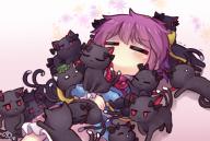 1girl :3 =_= ^3^ ^_^ animal_ears blue_shirt cat cat_ears cat_tail chen chen_(cat) closed_eyes earrings floral_background hair_between_eyes hair_ornament hat heart heart_hair_ornament jewelry kaenbyou_rin kaenbyou_rin_(cat) komeiji_satori long_sleeves lying mob_cap multiple_tails nekomata on_back on_person one-hour_drawing_challenge pink_background pink_hair pink_skirt shirt short_hair single_earring skirt solid_oval_eyes tail third_eye too_many too_many_cats touhou two_tails unime_seaflower // 1482x1002 // 1.1MB