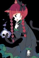 1girl animal_ears black_background bow braid cat_ears dress fang fingernails green_dress hair_bow highres kaenbyou_rin looking_ahead nekomata profile red_eyes red_hair roamu_65 sharp_fingernails simple_background skin_fang solo touhou transparent_background twin_braids // 1388x2048 // 183KB