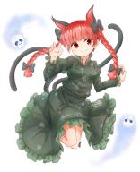 1girl animal_ears black_bow blue_fire blunt_bangs bow braid breasts cat_ears claw_pose clip_studio_paint_(medium) closed_mouth dress extra_ears fire floating_skull frills full_body green_dress hair_bow hair_ribbon hands_up highres hitodama juliet_sleeves kaenbyou_rin light_blush long_hair long_sleeves looking_at_viewer petticoat puffy_sleeves red_eyes red_hair ribbon simple_background small_breasts smile solo tarumaru touhou tress_ribbon twin_braids twintails white_background // 1061x1300 // 815KB