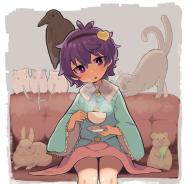 1girl animal animal_on_head blouse blue_shirt cat couch cup eating frilled_shirt_collar frilled_sleeves frills hairband heart highres kaenbyou_rin kaenbyou_rin_(cat) komeiji_satori kyoukei_usagi lettuce long_skirt long_sleeves looking_at_viewer multiple_tails on_head pink_skirt purple_eyes purple_hair rabbit reiuji_utsuho reiuji_utsuho_(bird) ribbon_trim shirt short_hair sitting skirt tail teacup touhou two_tails wide_sleeves // 2252x2162 // 355KB