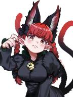 1girl animal_ear_fluff animal_ears bell black_dress blush breasts cat_ears cat_girl cat_tail closed_mouth commentary_request dress extra_ears fang highres kaenbyou_rin large_breasts long_sleeves looking_at_viewer multiple_tails neck_bell red_eyes simple_background skin_fang solo tail tenkatorouze touhou two_tails upper_body white_background // 1540x2048 // 261KB
