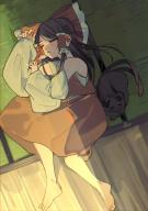 1girl absurdres animal bare_shoulders barefoot black_hair bow cat closed_eyes detached_sleeves feet frilled_bow frilled_hair_tubes frills from_above full_body hair_bow hair_tubes hakurei_reimu highres kaenbyou_rin kaenbyou_rin_(cat) long_hair lying multiple_tails nontraditional_miko on_floor on_side red_bow red_shirt red_skirt shi_chimi shirt skirt sleeping sleeveless sleeveless_shirt tail tatami toes touhou // 2894x4093 // 5.2MB