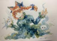 1girl animal_ears black_bow blunt_bangs bow braid breasts cat_ears closed_mouth commentary_request cropped_legs dated dress extra_ears floating_hair floating_skull frills green_dress hair_bow hair_ribbon hands_up highres hitodama holding holding_skull juliet_sleeves kaenbyou_rin light_blush light_smile long_hair long_sleeves looking_at_viewer medium_breasts no_tail pointy_ears puffy_sleeves red_eyes red_hair ribbon shiroma_(mamiko) skull solo touhou traditional_media tress_ribbon twin_braids upper_body // 3005x2192 // 1.3MB