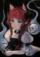 1girl absurdres alternate_costume animal_ears black_bow bow braid cat_ears expressionless extra_ears hair_bow highres hitodama kaenbyou_rin long_hair long_sleeves looking_at_viewer low_twin_braids puffy_short_sleeves puffy_sleeves red_eyes red_hair short_sleeves solo svveetberry touhou twin_braids // 2100x2968 // 1.4MB