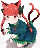 1girl :3 animal_ears blunt_bangs bow braid breasts cat_ears cat_tail commentary_request dress extra_ears eyebrows_hidden_by_hair eyelashes frilled_dress frills from_above green_dress green_footwear green_ribbon hair_bow hair_ribbon highres kaenbyou_rin kisaragi_koushi long_sleeves looking_at_viewer multiple_tails nekomata paw_pose pointy_ears red_eyes red_hair ribbon shadow simple_background slit_pupils small_breasts solo squatting tail touhou twin_braids two_tails // 1000x1200 // 309KB