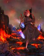 1girl absurdres black_bow black_shoes bow braid copyright_request fire grey_sky hair_bow hell highres kaenbyou_rin multiple_tails sctm_o0 shoes skirt_hold skull sky tail touhou twin_braids two_tails // 1900x2400 // 489KB