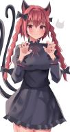 1girl :3 absurdres animal_ears aohane black_bow blush bow braid breasts cat_ears claw_pose cowboy_shot dress frills hair_between_eyes hair_bow hands_up highres kaenbyou_rin large_breasts light_smile long_hair long_sleeves nail_polish nekomata pink_nails red_eyes red_hair red_nails simple_background solo touhou twin_braids very_long_hair white_background // 2141x4003 // 2.2MB