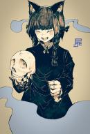 1girl :d animal_ear_fluff animal_ears black_bow black_nails blunt_bangs blunt_tresses blush bow braid breasts brown_background cat_ears closed_eyes dress duo_chromatic fang fingernails frilled_sleeves frills green_dress hair_bow hair_over_shoulder hair_ribbon hakurou_hokuto hand_up happy hatching_(texture) highres hitodama holding holding_skull kaenbyou_rin linear_hatching long_fingernails long_hair long_sleeves low_twin_braids lower_teeth_only medium_breasts nail_polish neck_ribbon nose_blush open_mouth ribbon sharp_fingernails simple_background skull sleeves_past_wrists smile solo teeth touhou tress_ribbon twin_braids upper_body // 1080x1594 // 657KB