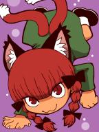 1girl :3 animal_ear_fluff animal_ears black_bow black_shoes blunt_bangs bow braid cat_ears cat_girl cat_tail closed_mouth commentary_request dress extra_ears full_body green_dress hair_bow kaenbyou_rin long_hair looking_at_viewer multiple_tails onikobe_rin purple_background red_hair shoes smile socks solo tail touhou twin_braids two_tails upside-down white_socks // 600x800 // 163KB