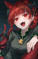 1girl absurdres animal_ear_fluff animal_ears aokihatoba_01 bell black_bow black_dress blunt_bangs blush bow braid cat_ears commentary_request couch dress extra_ears fangs hair_bow highres indoors kaenbyou_rin long_sleeves looking_at_viewer multiple_hair_bows neck_bell on_couch open_mouth red_eyes red_hair sharp_teeth side_braids smile solo teeth tile_floor tiles touhou twin_braids twintails twitter_username upper_body // 1900x2900 // 3.3MB