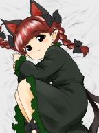 1girl animal_ears black_bow black_dress bow braid cat_ears cat_girl cat_tail closed_eyes dress edwardmidori extra_ears fetal_position hair_bow highres kaenbyou_rin long_sleeves looking_at_viewer medium_hair multiple_tails on_bed pointy_ears red_eyes red_hair side_braids solo tail touhou twin_braids two_tails // 1536x2048 // 249KB