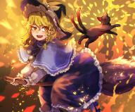 1girl black_cat black_dress blonde_hair blue_capelet bow braid broom broom_riding bullet capelet cat cat_tail dress frills hat hat_bow highres kaenbyou_rin kaenbyou_rin_(cat) kirisame_marisa long_hair looking_back midair multiple_tails nekomata nekotsuki_noko orange_background pawpads puffy_sleeves red_eyes slit_pupils sparks subterranean_animism tail touhou two_tails whiskers white_bow witch_hat yellow_eyes // 2039x1699 // 472KB