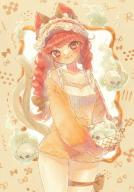 1girl animal_ears blunt_bangs bow braid casual cat_ears cat_tail cowboy_shot extra_ears fire flaming_skull floating_skull hair_bow hairband holding holding_skull kaenbyou_rin lolita_hairband multiple_tails nekomata red_eyes red_hair sasa6666s skull solo tail thigh_strap touhou twin_braids two_tails // 581x830 // 122KB