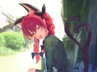 1girl :d animal_ears braid cat_ears cat_tail commentary_request extra_ears highres kaenbyou_rin kiritanpo117 long_sleeves looking_at_viewer medium_hair multiple_tails nekomata open_mouth outdoors red_eyes red_hair side_braids smile solo tail touhou twin_braids two_tails // 2048x1535 // 292KB