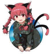 1girl :3 animal_ears blush breasts cat_ears cat_girl cat_tail chups commentary_request dress fang frilled_sleeves frills green_dress highres juliet_sleeves kaenbyou_rin leaning_forward long_hair long_sleeves medium_breasts multiple_tails neck_ribbon open_mouth puffy_sleeves red_eyes red_hair red_ribbon ribbon solo tail touhou two_tails upper_body // 2000x2194 // 1.5MB