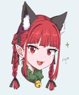1girl :3 animal_ears bell blue_background blue_dress blunt_bangs bow bowtie braid cat_ears commentary_request dress fang jingle_bell kaenbyou_rin long_hair looking_at_viewer open_mouth pointy_ears red_eyes red_hair simple_background solo sparkle touhou twin_braids wool_(miwol) // 830x1000 // 100KB