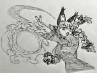 1girl animal_ears black_bow bow braid breasts cat_ears cat_girl commentary_request dress extra_ears fang hair_bow highres kaenbyou_rin long_sleeves looking_at_viewer open_mouth side_braids simple_background sketch skin_fang solo tenkatorouze touhou traditional_media twin_braids upper_body // 2048x1536 // 663KB