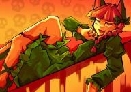 1girl animal_ears blunt_bangs bow braid cat_ears cat_girl commentary crossed_legs dress fangs green_bow green_dress hair_bow juliet_sleeves kaenbyou_rin long_sleeves looking_at_viewer lying medium_hair on_back open_mouth orange_background puffy_sleeves red_eyes red_hair side_braids skull_print smile solo termoika touhou twin_braids // 1169x826 // 673KB