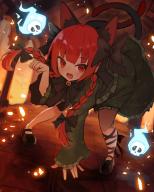 1girl :3 animal_ear_fluff animal_ears arm_up bell black_bow black_bowtie black_footwear blurry blurry_background bow bowtie braid brick_floor cat_ears cat_tail commentary dome dress extra_ears fang fire fisheye flaming_skull floral_print green_dress hair_ribbon hand_on_ground indoors jingle_bell juliet_sleeves kaenbyou_rin leaning_forward leg_ribbon light_particles long_sleeves looking_at_viewer multiple_tails open_mouth paw_pose puffy_sleeves red_eyes red_hair ribbon short_hair skin_fang skull sleeves_past_wrists slit_pupils solarisu solo tail touhou twin_braids // 801x998 // 111KB