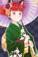 1girl alternate_costume alternate_hairstyle animal_ears cat_ears extra_ears floral_print japanese_clothes kaenbyou_rin kimono light_blush looking_at_viewer red_eyes red_hair simple_background smile solo touhou umbrella upper_body wide_sleeves youhaikin // 800x1173 // 178KB