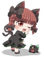 1girl :3 ;d animal_ears bird black_bow black_dress blunt_bangs blush bow braid brown_shoes cat_ears cat_girl cat_tail chibi chibi_only commentary_request dress fang frilled_dress frilled_sleeves frills full_body hair_bow highres kaenbyou_rin long_hair long_sleeves looking_at_viewer multiple_tails one_eye_closed open_mouth paw_pose red_eyes red_hair reiuji_utsuho reiuji_utsuho_(bird) rokugou_daisuke shoes signature simple_background smile standing tail touhou twin_braids two_tails white_background // 1087x1394 // 497KB