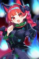 1girl absurdres animal_ears black_bow black_shirt black_skirt blunt_bangs bow braid breasts cat_ears cat_girl commentary enokishima extra_ears fang fire gradient_background hair_bow highres kaenbyou_rin looking_at_viewer open_mouth patterned_clothing red_background red_eyes red_hair shirt side_braids skin_fang skirt slit_pupils touhou twin_braids upper_body // 2000x3000 // 5.5MB