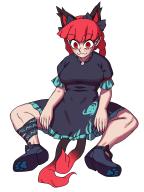 1girl :3 absurdres animal_ears ankle_ribbon black_bow black_dress black_shoes blush bow braid breasts cat_ears cat_tail dress eddybird55555 extra_ears frilled_dress frills hair_bow highres kaenbyou_rin leg_ribbon multiple_tails paw_print_soles pointy_ears rating:general red_eyes red_hair ribbon score:5 shoes simple_background sitting skull solo tail touhou twin_braids two_tails white_background wide-eyed // 3024x4032 // 478KB