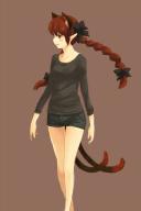 1girl :d adapted_costume alternate_costume animal_ear_fluff animal_ears bare_legs black_bow blush bow braid breasts brown_background casual cat_ears cat_tail commentary_request denim denim_shorts extra_ears feet_out_of_frame floating_hair grey_shirt hair_bow hair_ribbon kaenbyou_rin light_smile long_hair long_sleeves looking_to_the_side multiple_tails nekomata open_mouth parted_lips pointy_ears profile purple_background red_eyes red_hair ribbon shirt short_shorts shorts simple_background small_breasts smile solo tail touhou tress_ribbon twin_braids two_tails very_long_hair yudepii // 600x900 // 175KB
