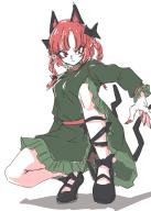 1girl animal_ears black_bow black_shoes bow braid cat_ears cat_tail closed_mouth dress extra_ears fingernails full_body green_dress hair_bow isagi kaenbyou_rin long_sleeves looking_at_viewer multiple_tails nail_polish nekomata pointy_ears red_eyes red_hair red_nails ribbon shoes simple_background sketch solo squatting tail touhou twin_braids two_tails white_background // 855x1195 // 402KB