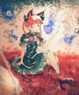 1girl animal_ears black_shoes braid cat_ears cat_girl dress fingernails green_dress highres itomugi-kun kaenbyou_rin long_fingernails red_eyes red_hair red_nails shoes short_hair sitting skull solo touhou twin_braids // 1175x1400 // 2.7MB