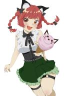 1girl absurdres alternate_costume animal_ears blush braid breasts cat_ears cat_girl commentary_request fang fishnet_thighhighs fishnets food frilled_skirt frills green_skirt highres holding holding_food ice_cream_cone kaenbyou_rin konkuri251 large_breasts looking_at_viewer open_mouth red_eyes red_hair short_hair side_braids simple_background single_thighhigh skin_fang skirt solo thighhighs touhou twin_braids white_background // 2150x3035 // 1.3MB