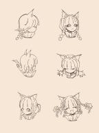 1girl absurdres alternate_hairstyle animal_ears braid cat_ears closed_eyes commentary highres kaenbyou_rin looking_at_viewer low_twintails miso_konbu multiple_braids multiple_expressions open_mouth portrait simple_background solo touhou twin_braids twintails // 2000x2666 // 383KB