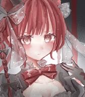 1girl \|| adapted_costume animal_ears bad_id bad_pixiv_id black_gloves blunt_bangs blush bow bowtie braid breasts cat_ears cleavage closed_mouth collarbone extra_ears gloves hair_bow hair_ribbon highres kaenbyou_rin kotorihiiragi light_smile long_hair looking_at_viewer portrait red_bow red_bowtie red_eyes red_hair ribbon see-through_clothes solo touhou tress_ribbon twin_braids twintails upper_body || // 1132x1280 // 517KB