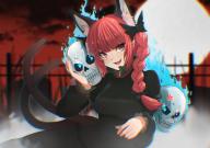 1girl :d absurdres animal_ear_fluff animal_ears black_dress blunt_bangs blurry blurry_background blush braid breasts cat_ears cat_girl cat_tail commentary_request dress extra_ears fence full_moon giya highres kaenbyou_rin large_breasts long_hair long_sleeves moon multiple_tails open_mouth outdoors pointy_ears red_eyes red_hair side_braids skull smile solo tail touhou twin_braids two_tails // 3508x2480 // 15MB