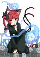 1girl :3 animal_ears black_bow black_shoes bow braid cat_ears dress extra_ears fang green_dress hair_bow heart highres hitodama kaenbyou_rin long_sleeves looking_at_viewer nekomata pointy_ears red_eyes red_hair shoes skin_fang skull solo tail take_no_ko_(4919400) touhou twin_braids // 1000x1414 // 165KB