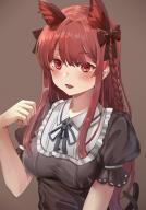 1girl alternate_hairstyle animal_ear_fluff animal_ears bow breasts cat_ears cat_tail dress extra_ears fang frilled_shirt_collar frills grey_background grey_dress hair_between_eyes hair_bow hair_down hand_up highres kaenbyou_rin long_hair medium_breasts multiple_tails nekomata red_eyes red_hair simple_background skin_fang solo tail torottye touhou two_tails // 840x1200 // 132KB