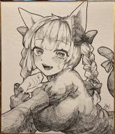 1girl :d animal_ears bow braid breasts cat_ears cat_tail highres kaenbyou_rin large_breasts looking_at_viewer monochrome open_mouth photo_(medium) shikishi signature smile solo tail teeth touhou traditional_media twin_braids yomogi_0001 // 1763x2047 // 878KB
