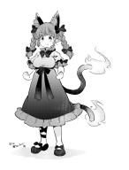 1girl animal_ears breasts cat_ears cat_girl fire flame-tipped_tail full_body highres kaenbyou_rin large_breasts monochrome solo tail tanasuke touhou twintails // 916x1203 // 321KB